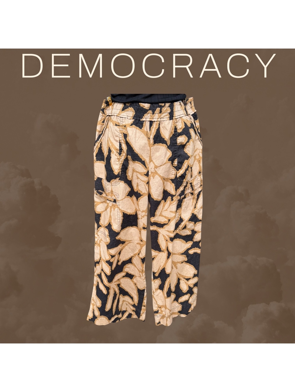 Democracy Floral Crop Wide Leg Pull-On Pants Linen Blend